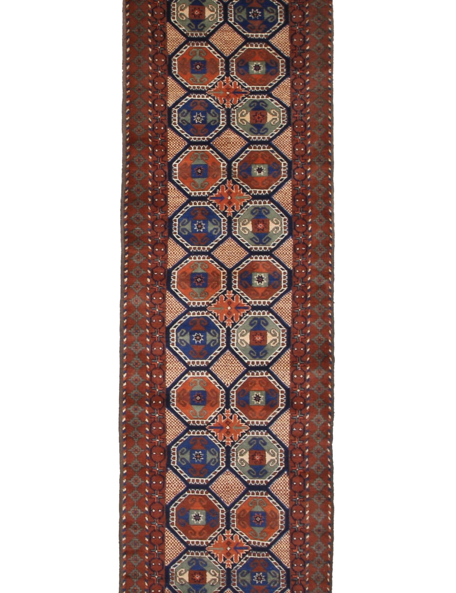 Afghan Runner, top view on white background, hand-knotted wool pile. SKU 1.0008.