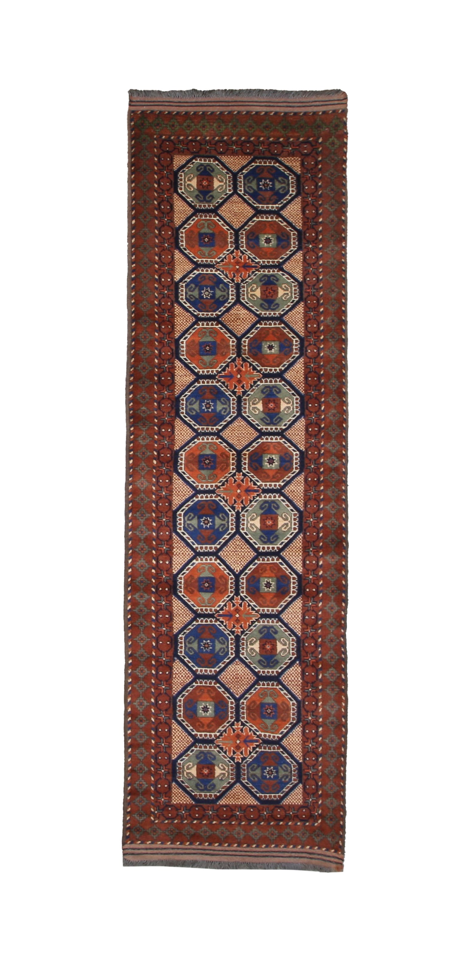 Afghan Runner, top view on white background, hand-knotted wool pile. SKU 1.0008.