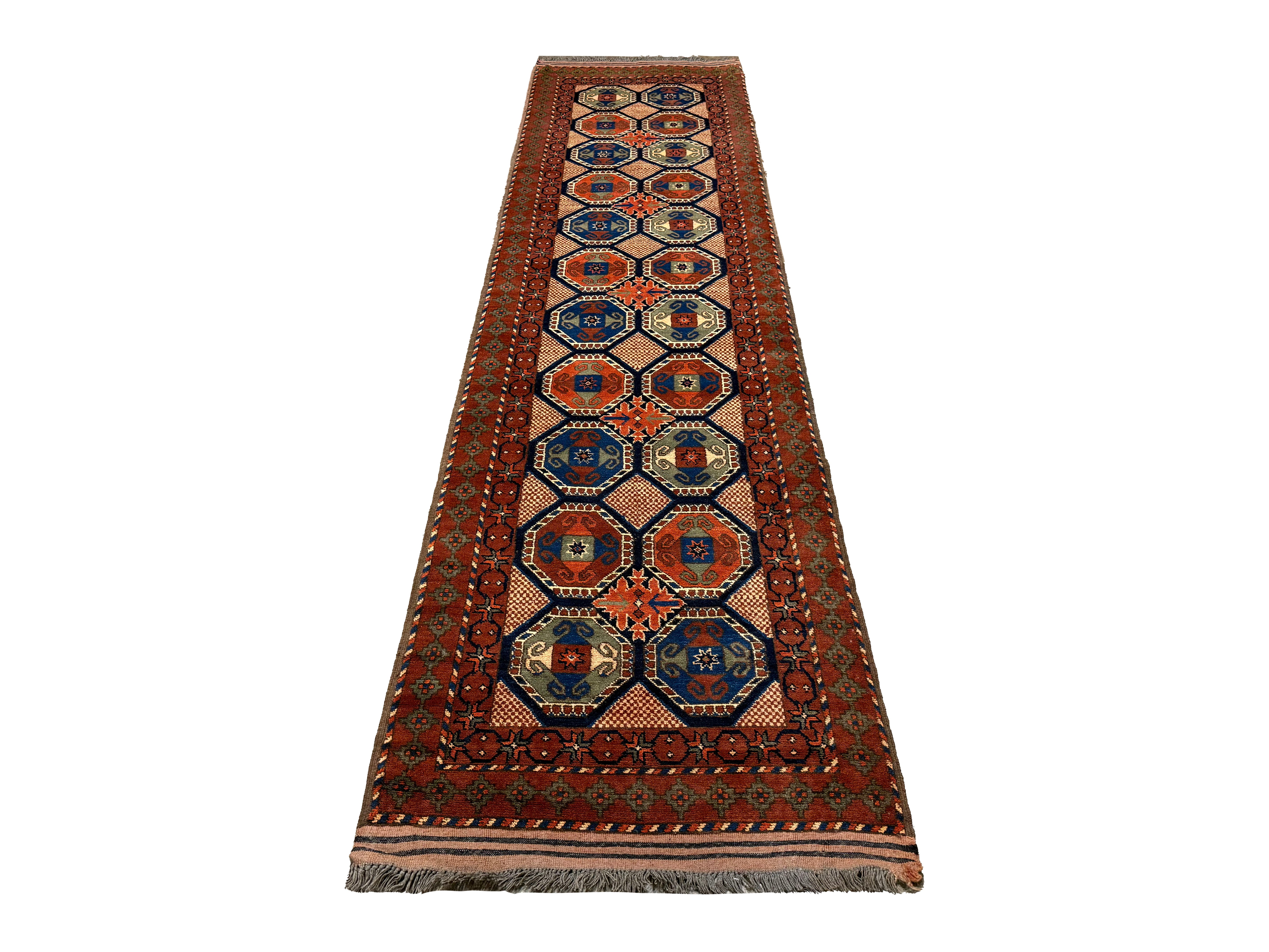 Afghan Runner, lengthwise view, hand-knotted wool pile. SKU 1.0008.