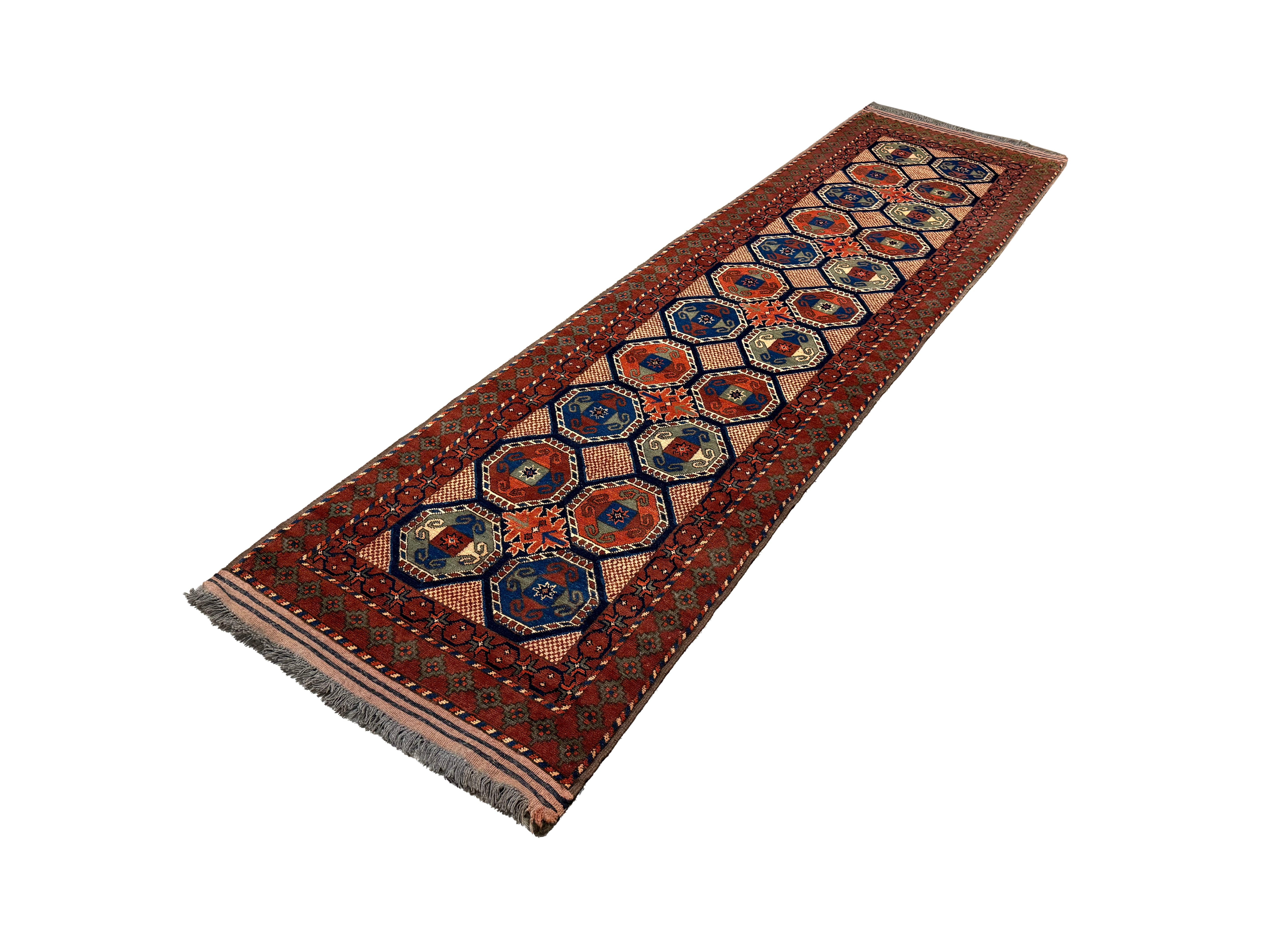 Afghan Runner, diagonal full view, hand-knotted wool pile. SKU 1.0008.
