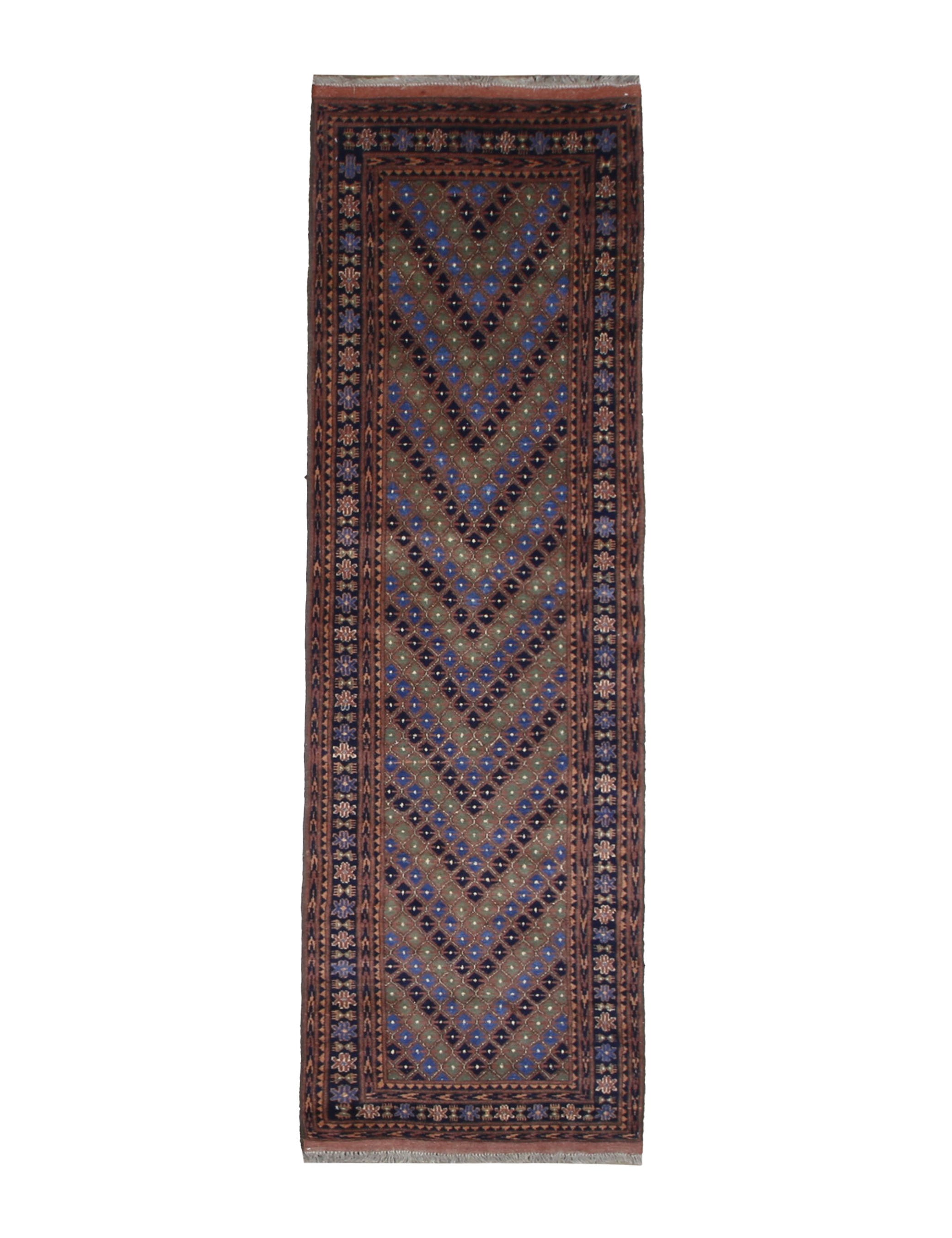Afghan Runner, top view on white background, hand-knotted wool pile. SKU 1.0010.
