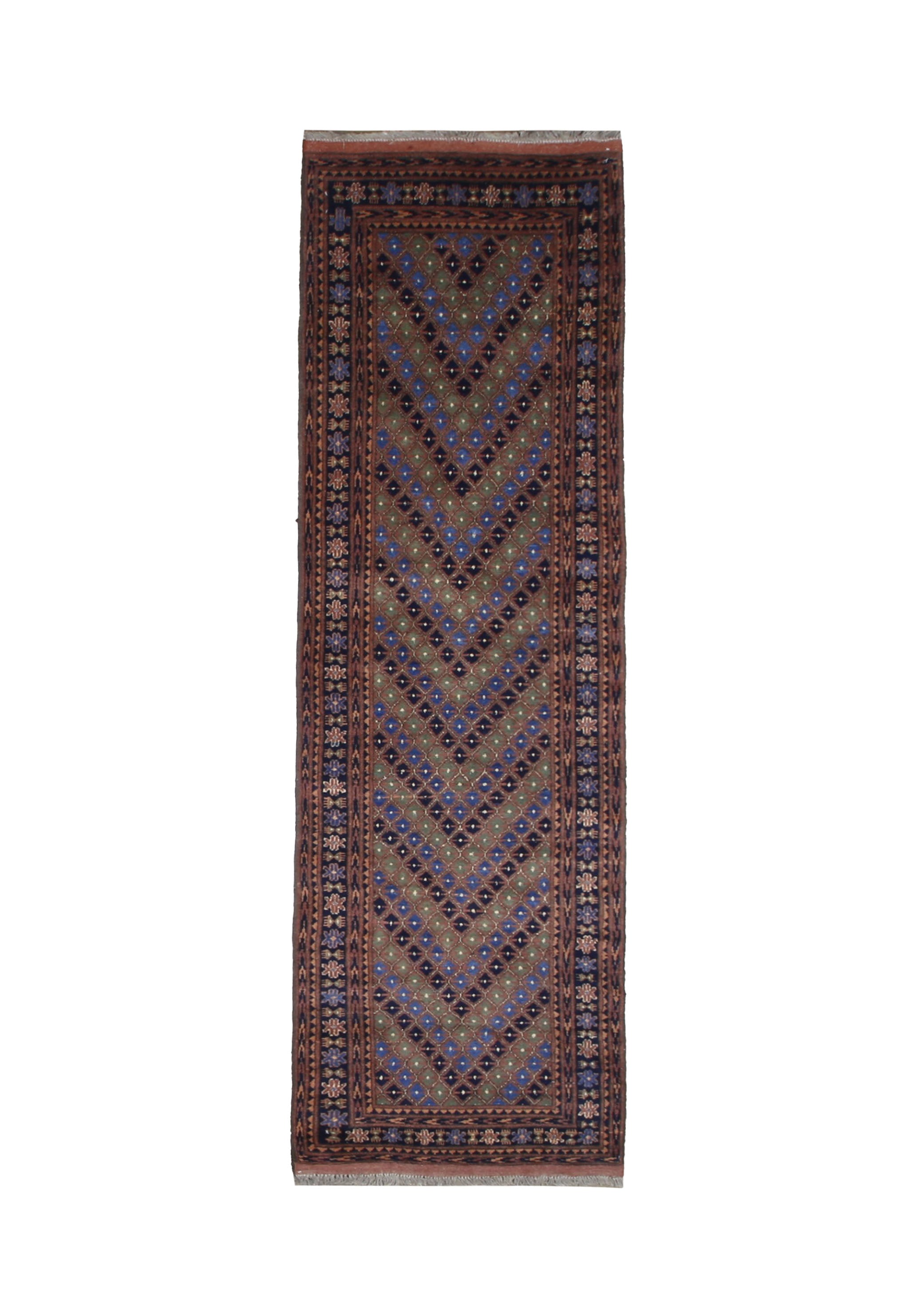 Afghan Runner, top view on white background, hand-knotted wool pile. SKU 1.0010.