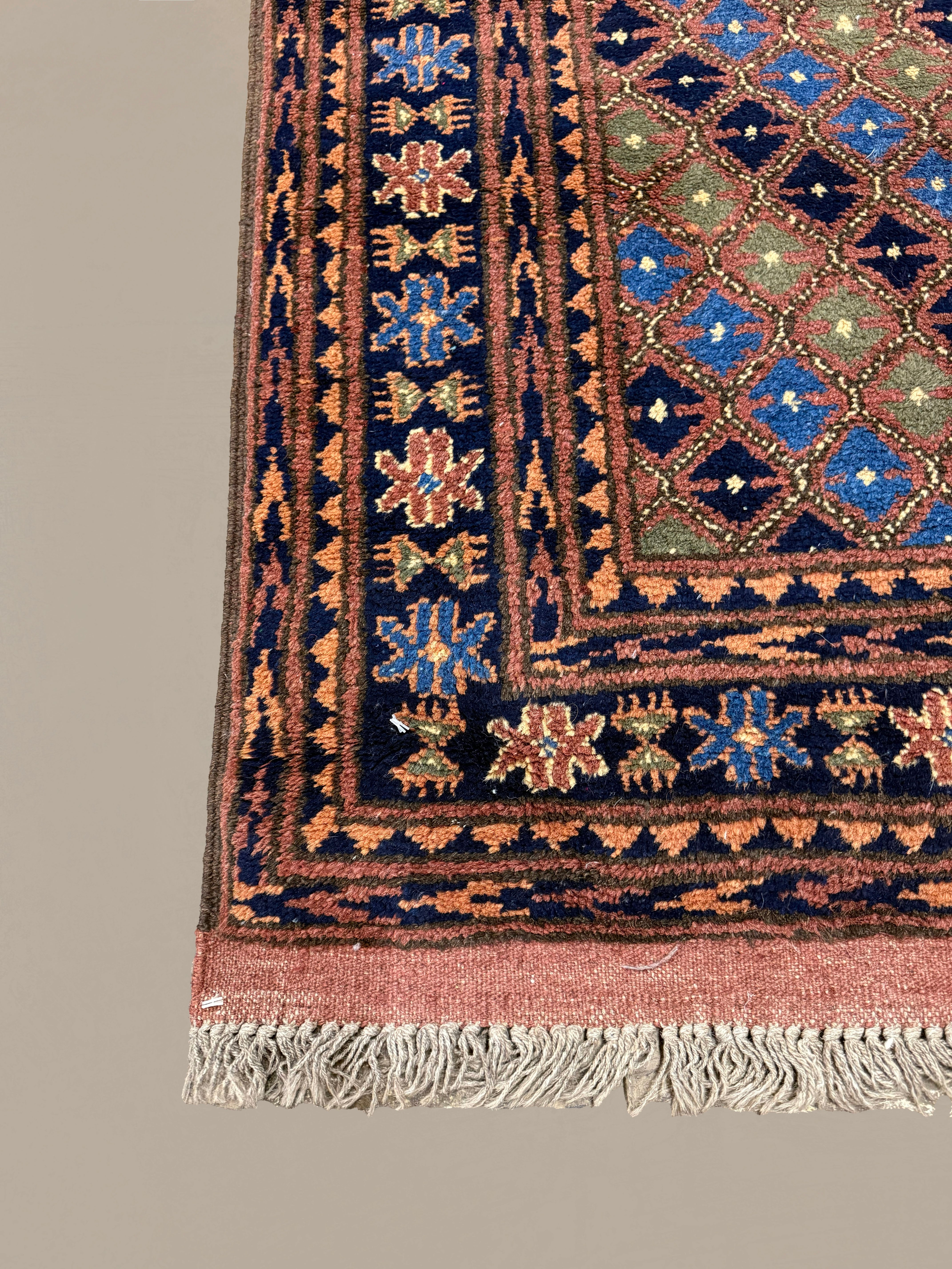 Afghan Runner, border and fringe detail, hand-knotted wool pile. SKU 1.0010.