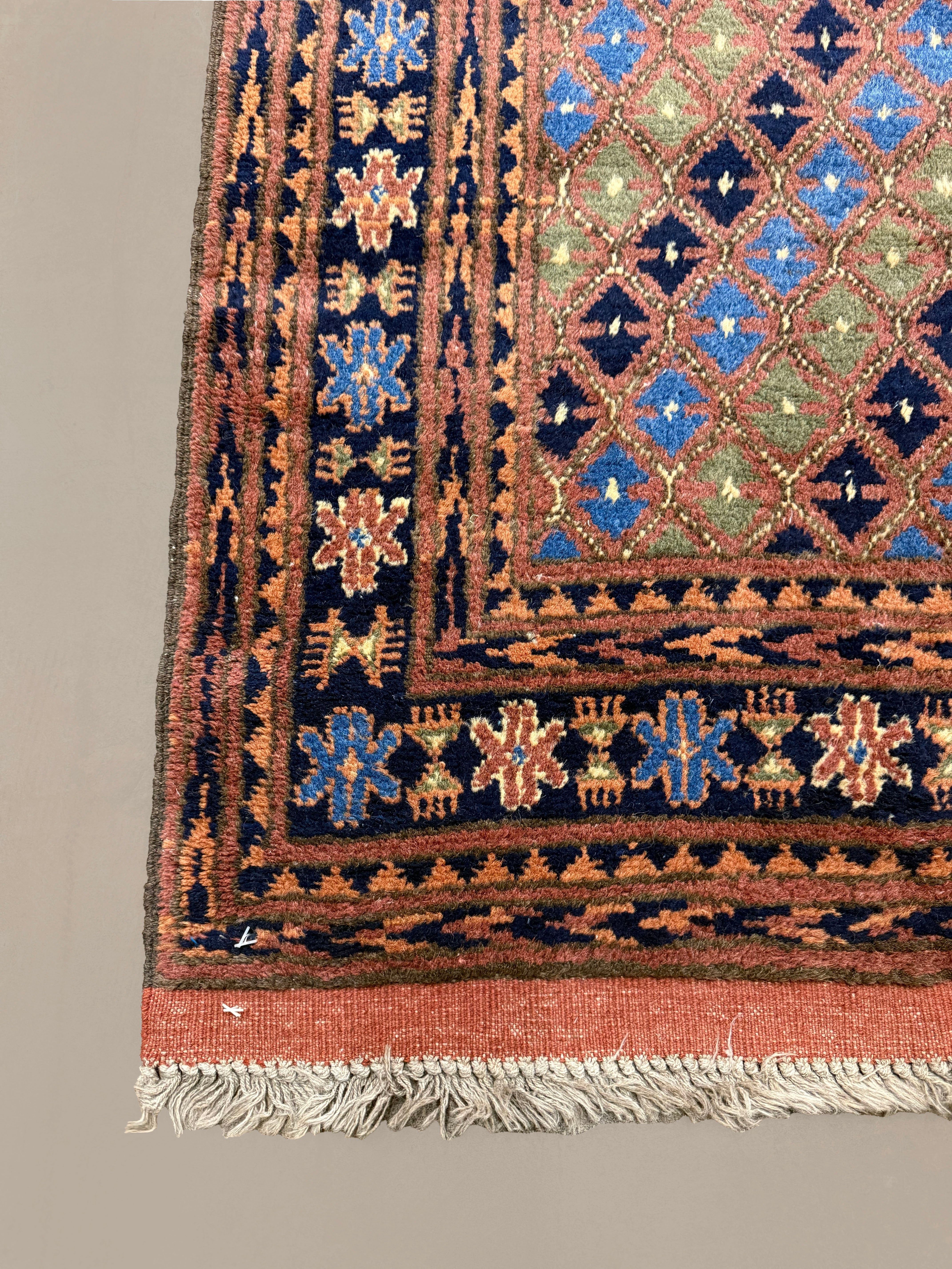 Afghan Runner, border and fringe detail, hand-knotted wool pile. SKU 1.0010.