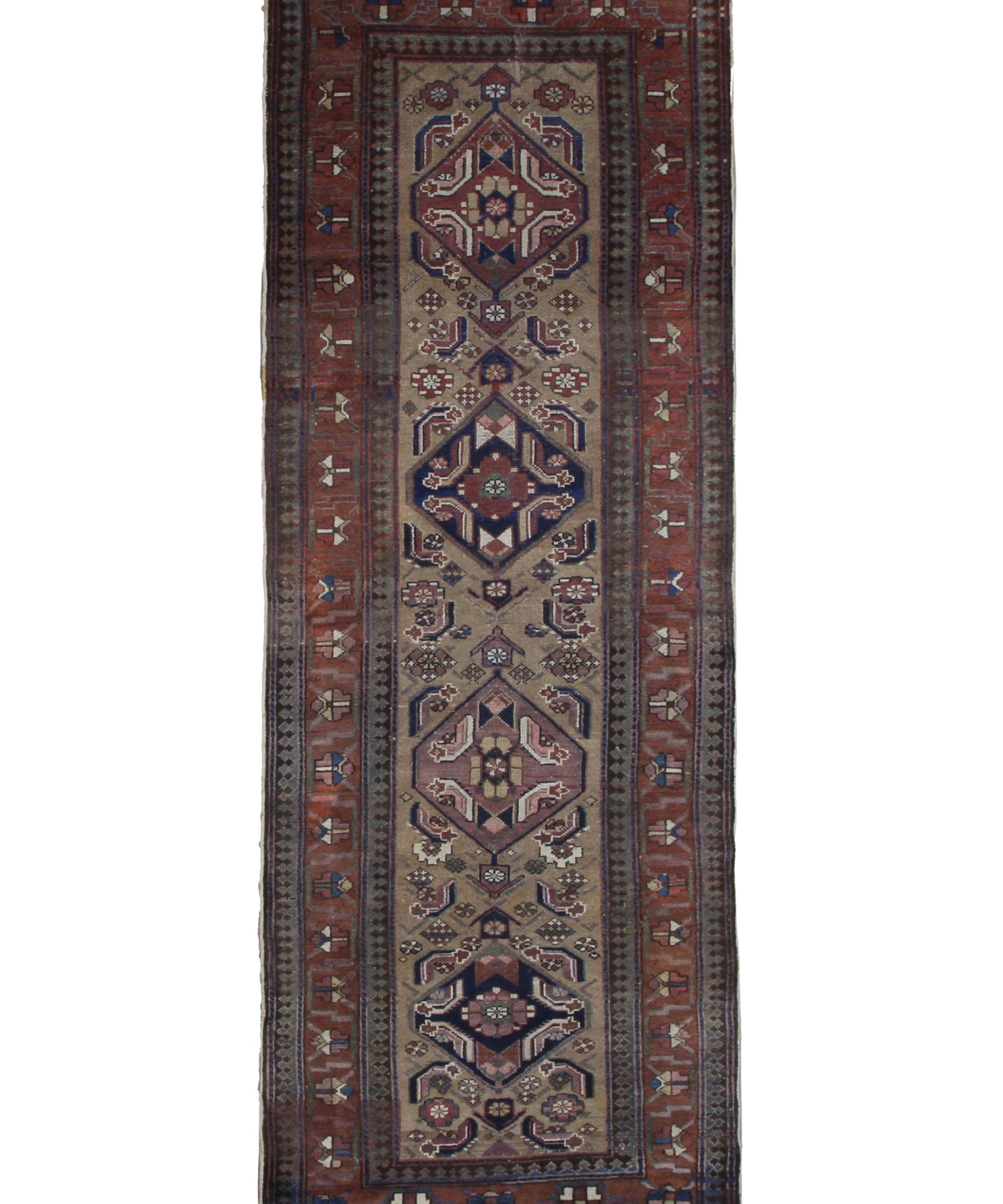Persian Uch Tappeh Runner, top view on white background, hand-knotted wool with beige colouring. SKU 1.0087.