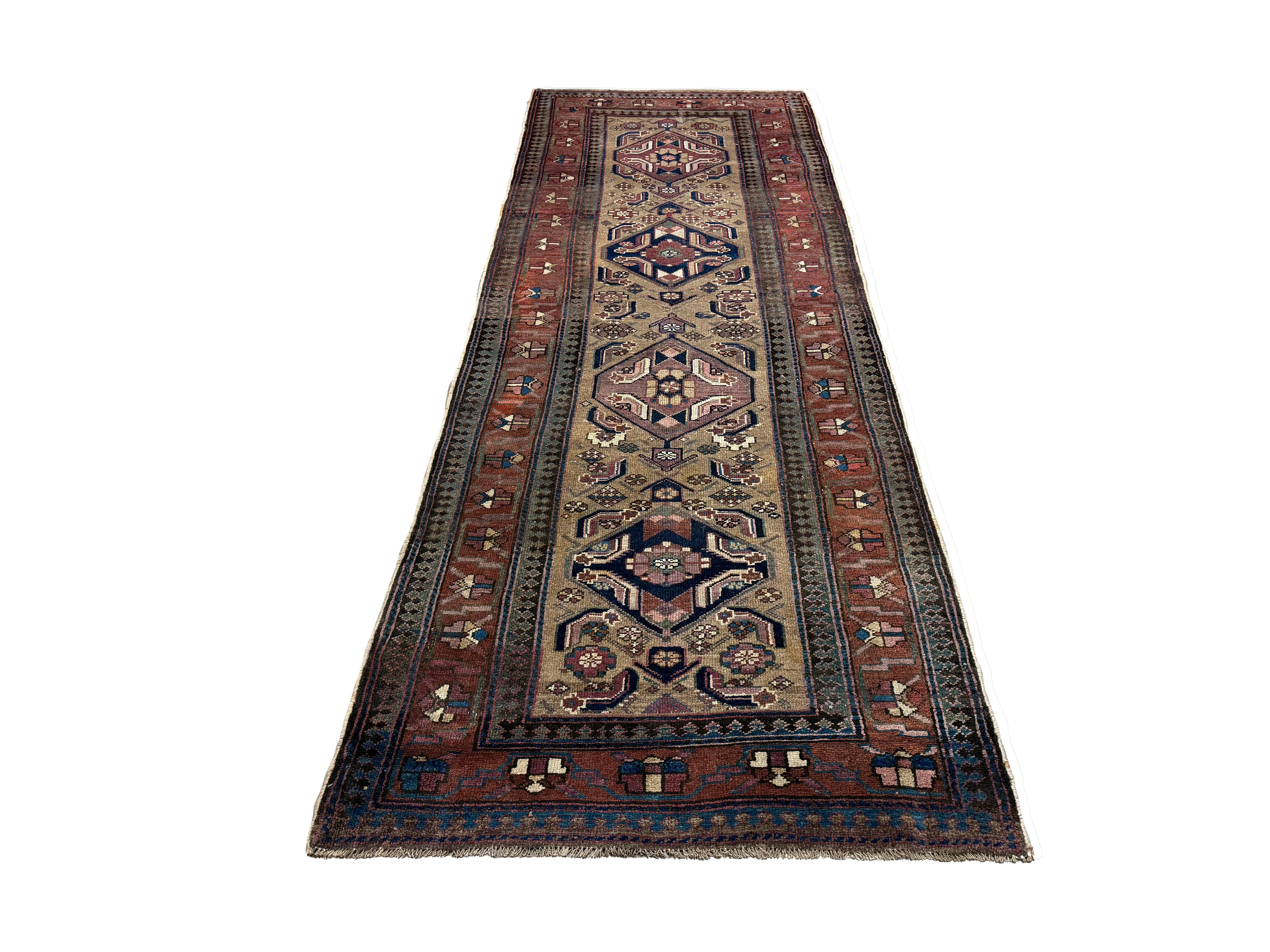 Persian Uch Tappeh Runner, lengthwise view, hand-knotted wool with beige colouring. SKU 1.0087.