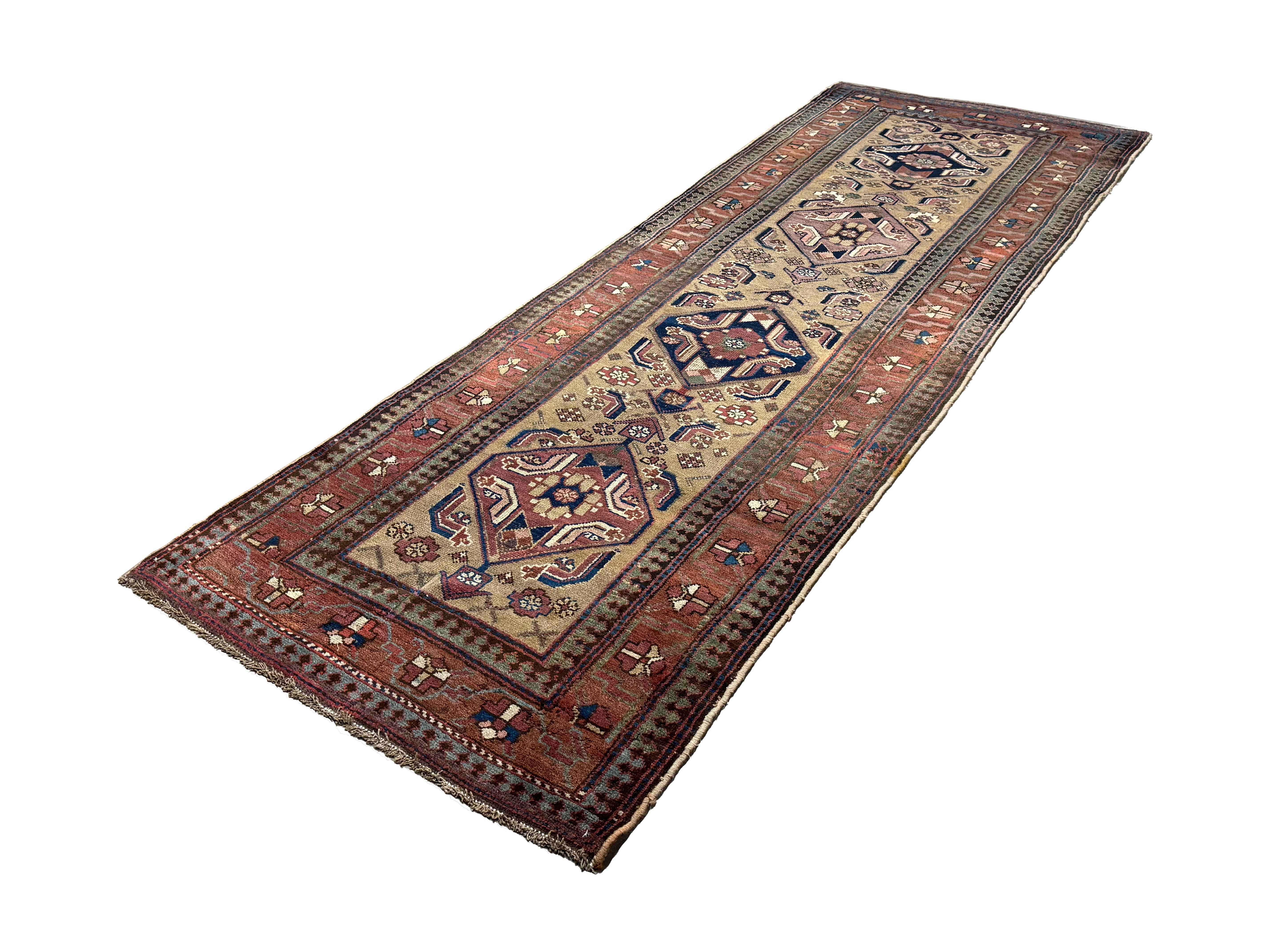 Persian Uch Tappeh Runner, diagonal full view, hand-knotted wool with beige colouring. SKU 1.0087.