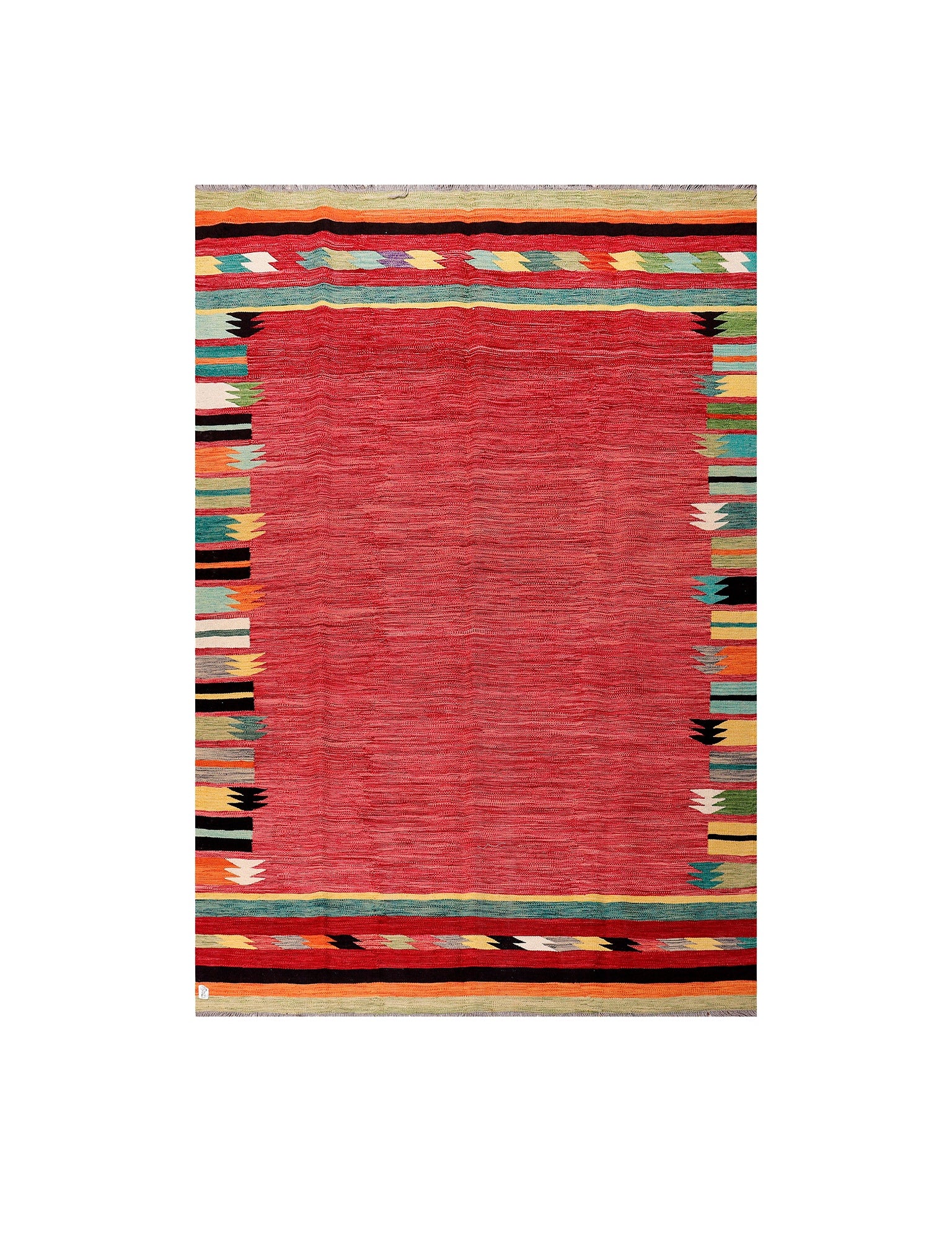 Afghan Maimana kilim — Rose Field with Green & Black Borders | 6'5" × 9'6" (195 × 289 cm)