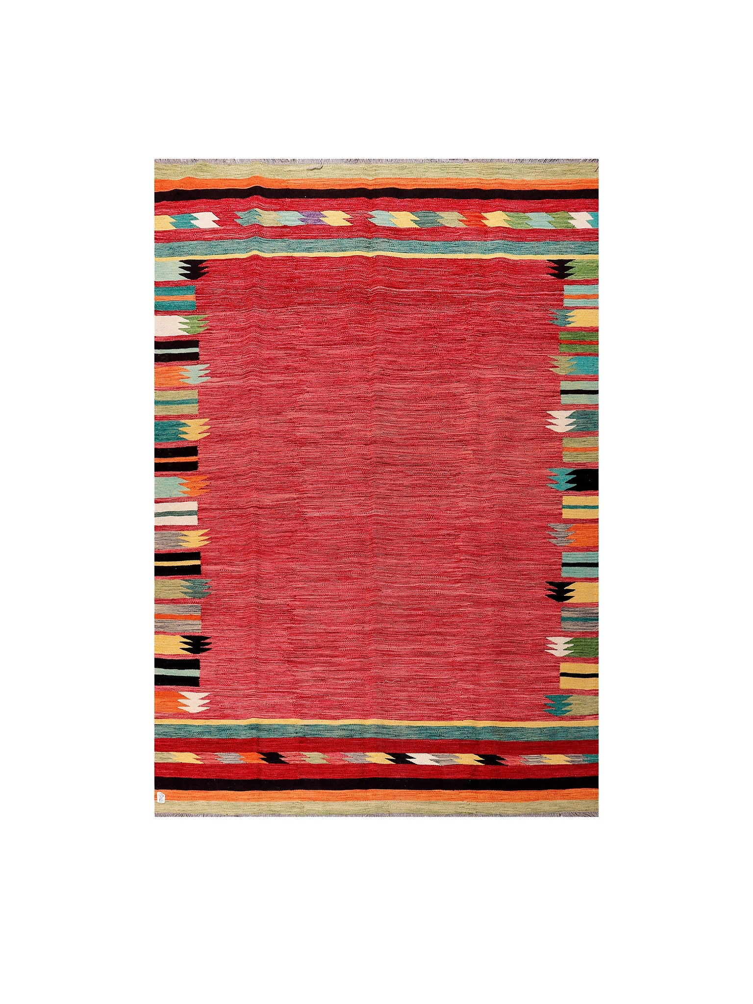 Afghan Maimana kilim — Rose Field with Green & Black Borders | 6'5" × 9'6" (195 × 289 cm)