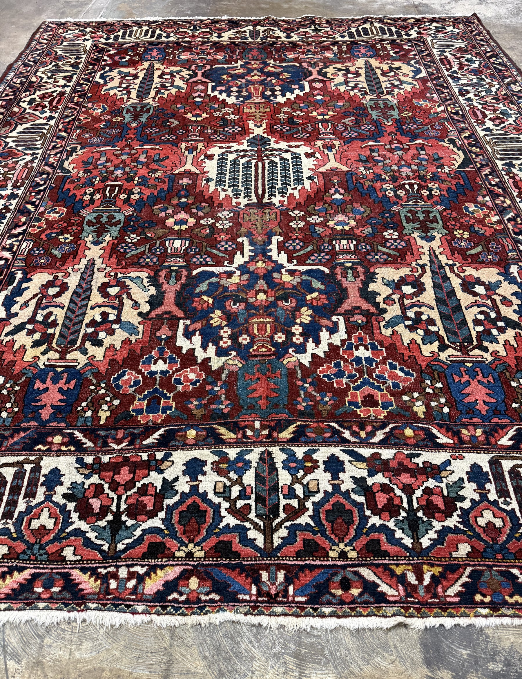 Angled view of Bakhtiari wool rug showing red and ivory floral design, patterned border and fringe.
