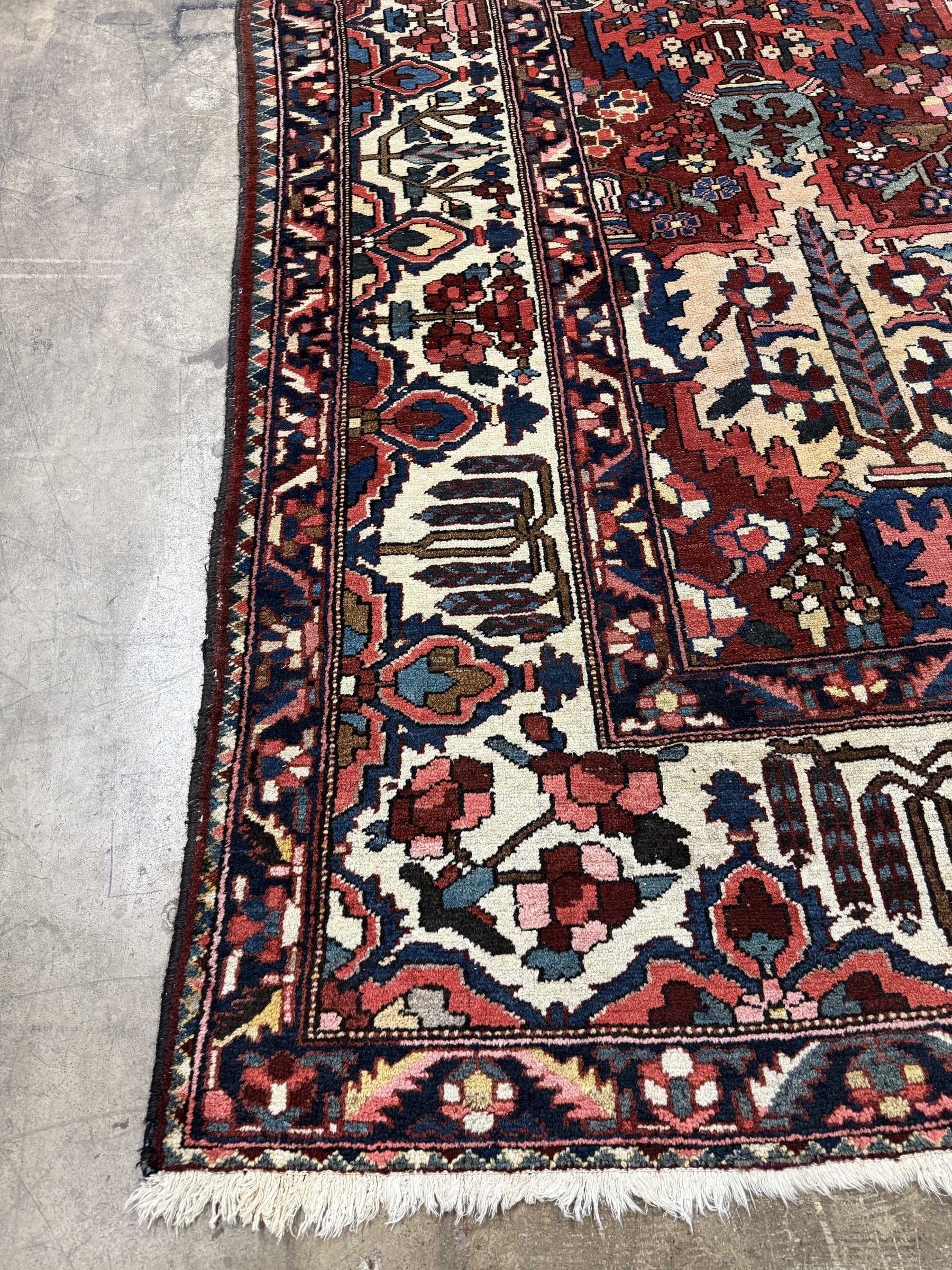 Close-up of Bakhtiari rug corner showing the ivory border, stylized tree motif and white fringe.