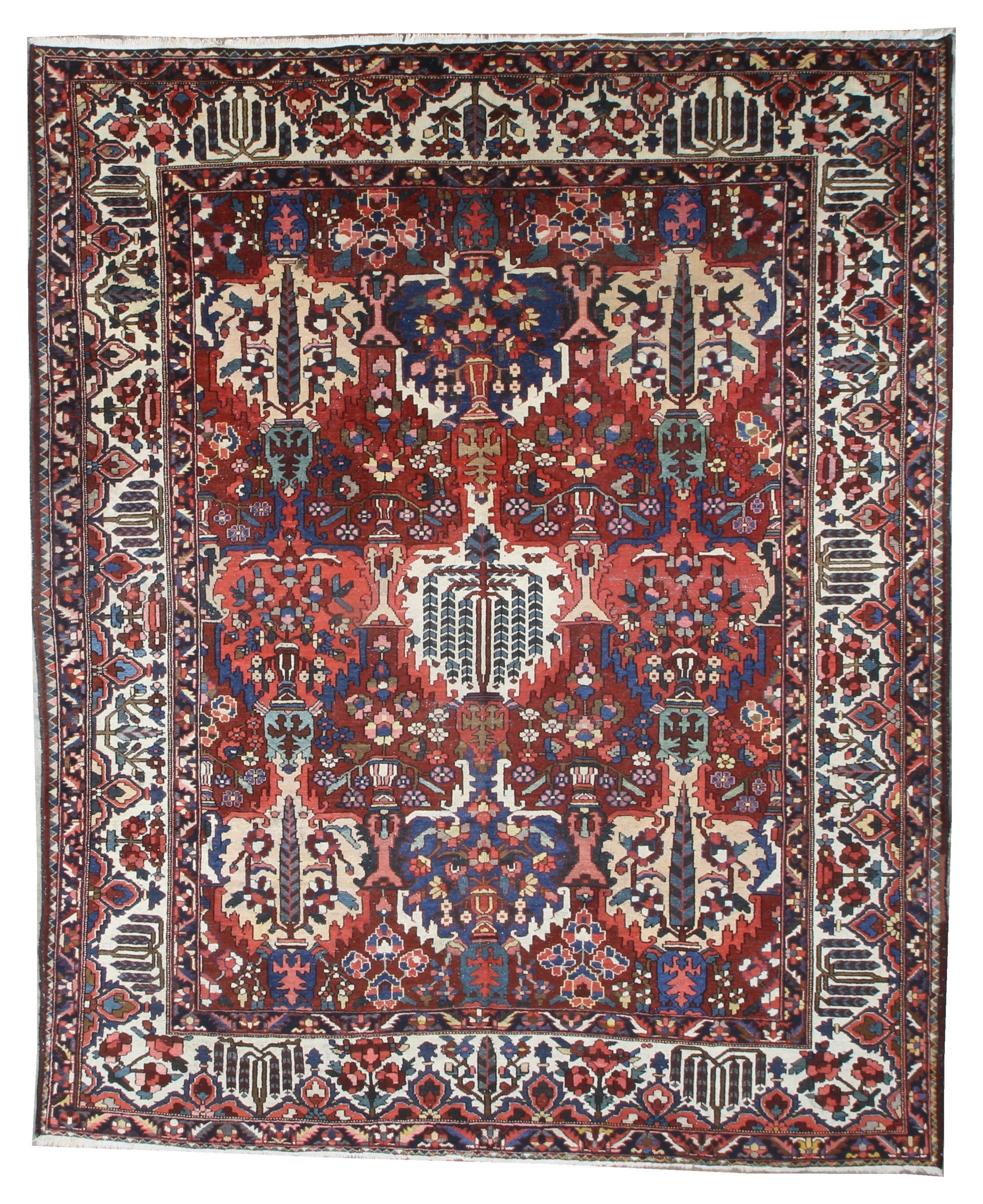 Persian Bakhtiari rug with red, blue, and cream medallions and border