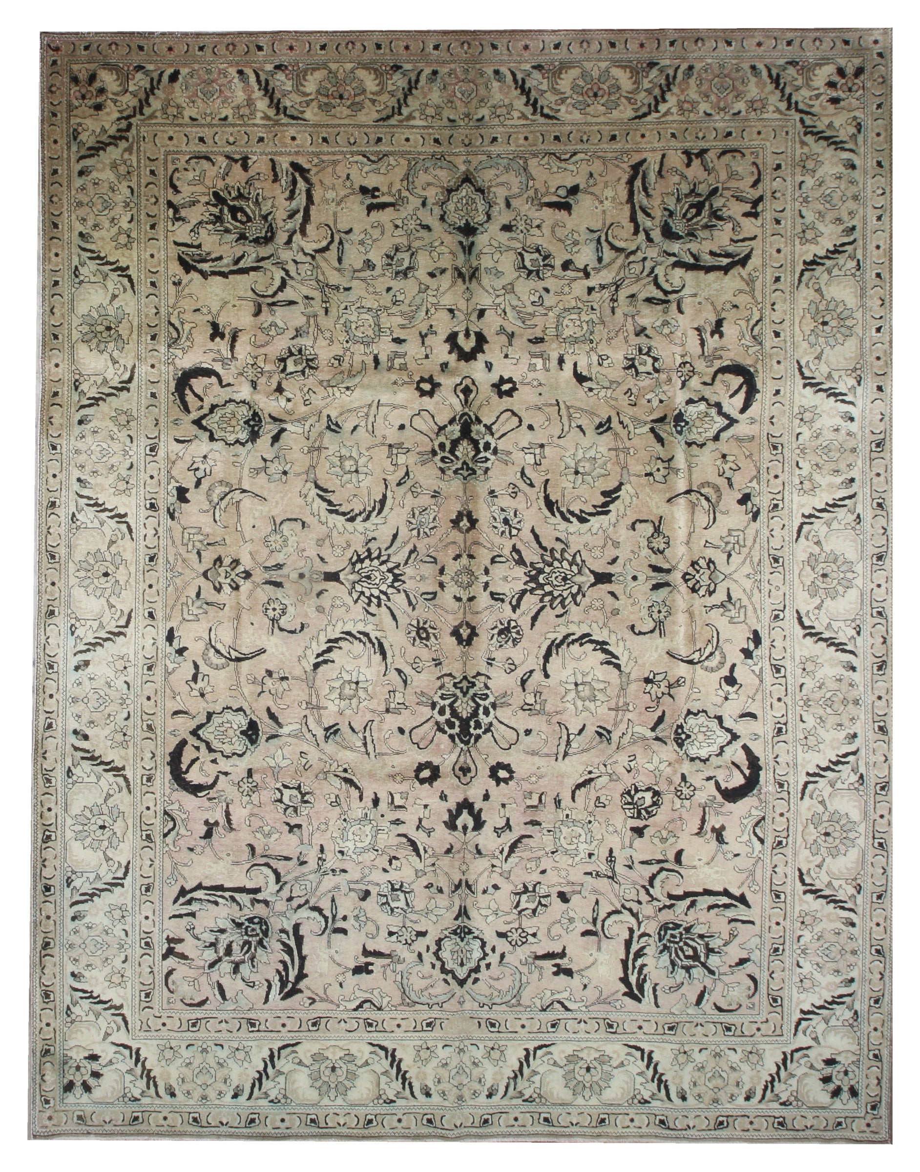 Beige Persian-style area rug with dark floral medallion and border accents