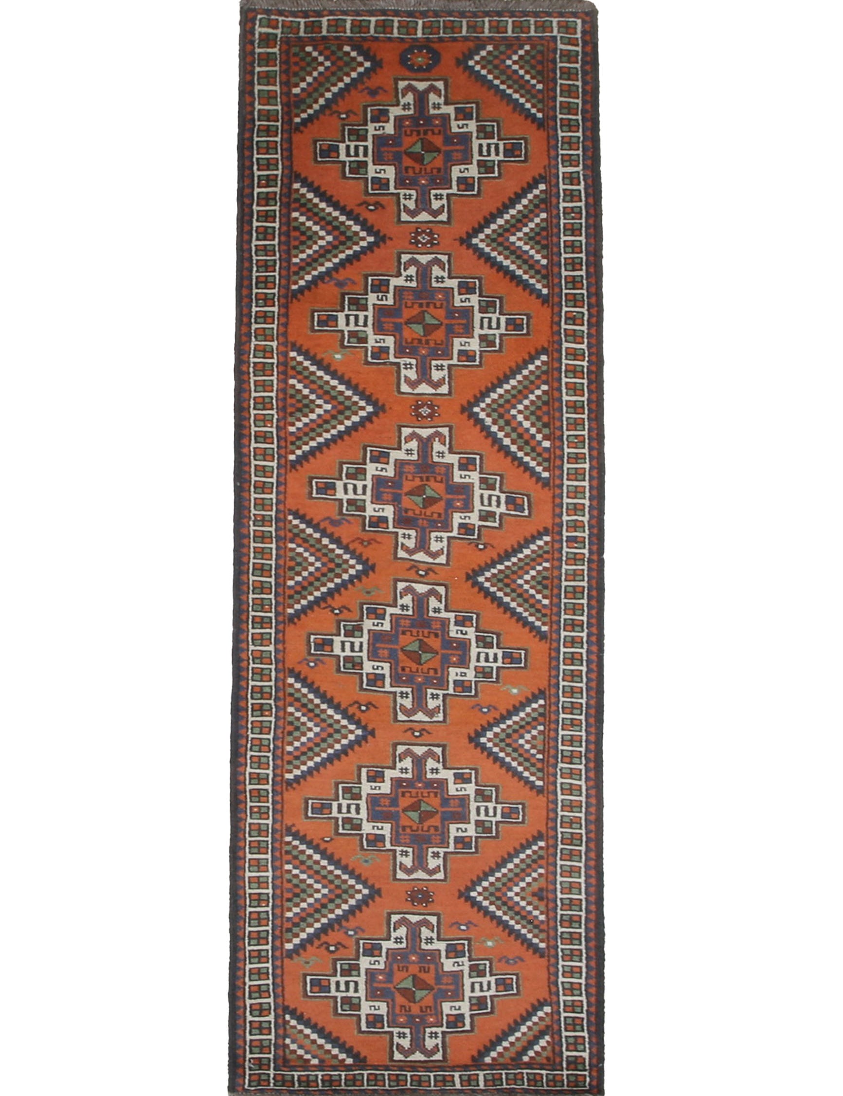 Persian Kelardasht Runner, top view on white background, hand-knotted wool pile. SKU 112696.