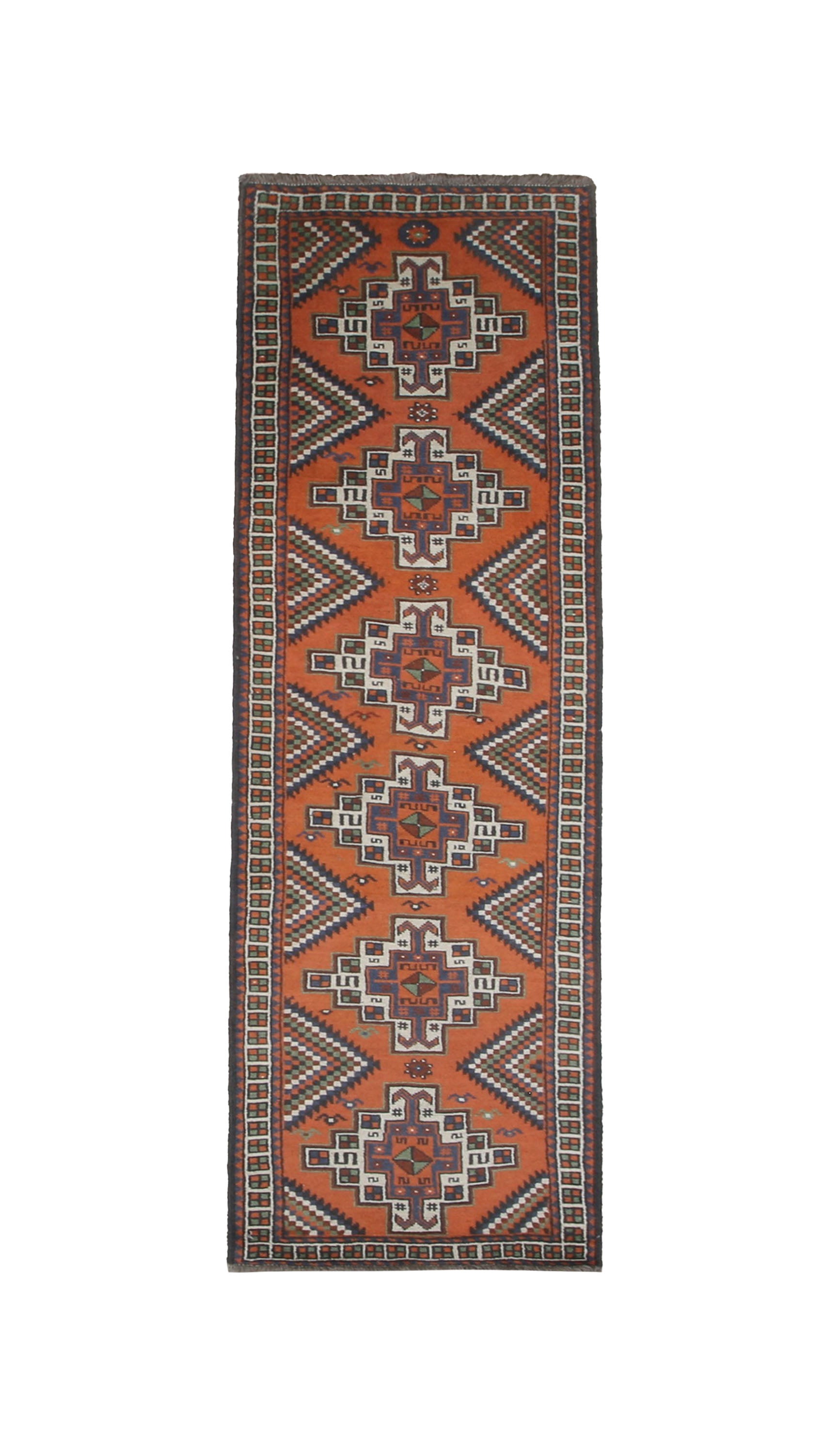 Persian Kelardasht Runner, top view on white background, hand-knotted wool pile. SKU 112696.