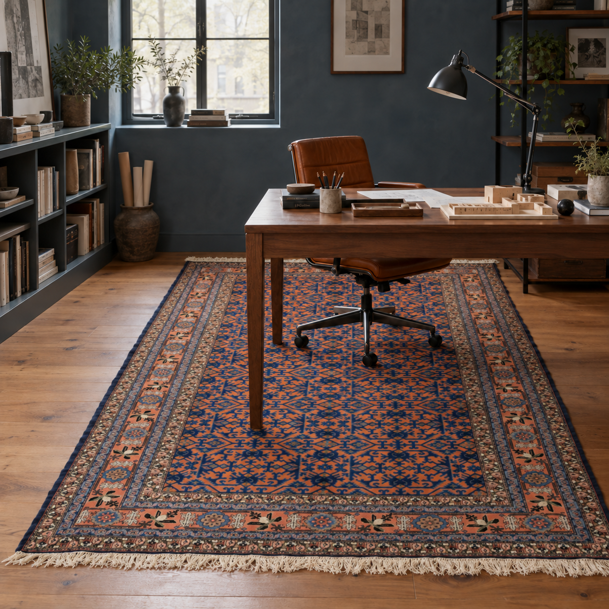 Apricot and indigo Ardabil rug in a blue study; AI-generated styling visualization. Pattern details and scale may vary; refer to original product photos and listed dimensions.