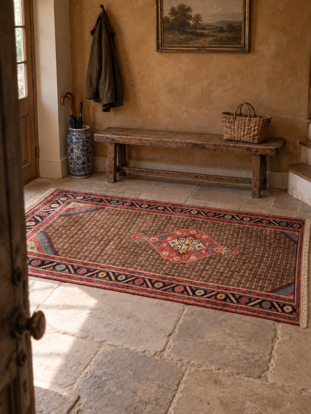 Koliayi rug before an elm entrance bench; AI-generated styling visualization. Pattern details and scale may vary; refer to original product photos and listed dimensions.