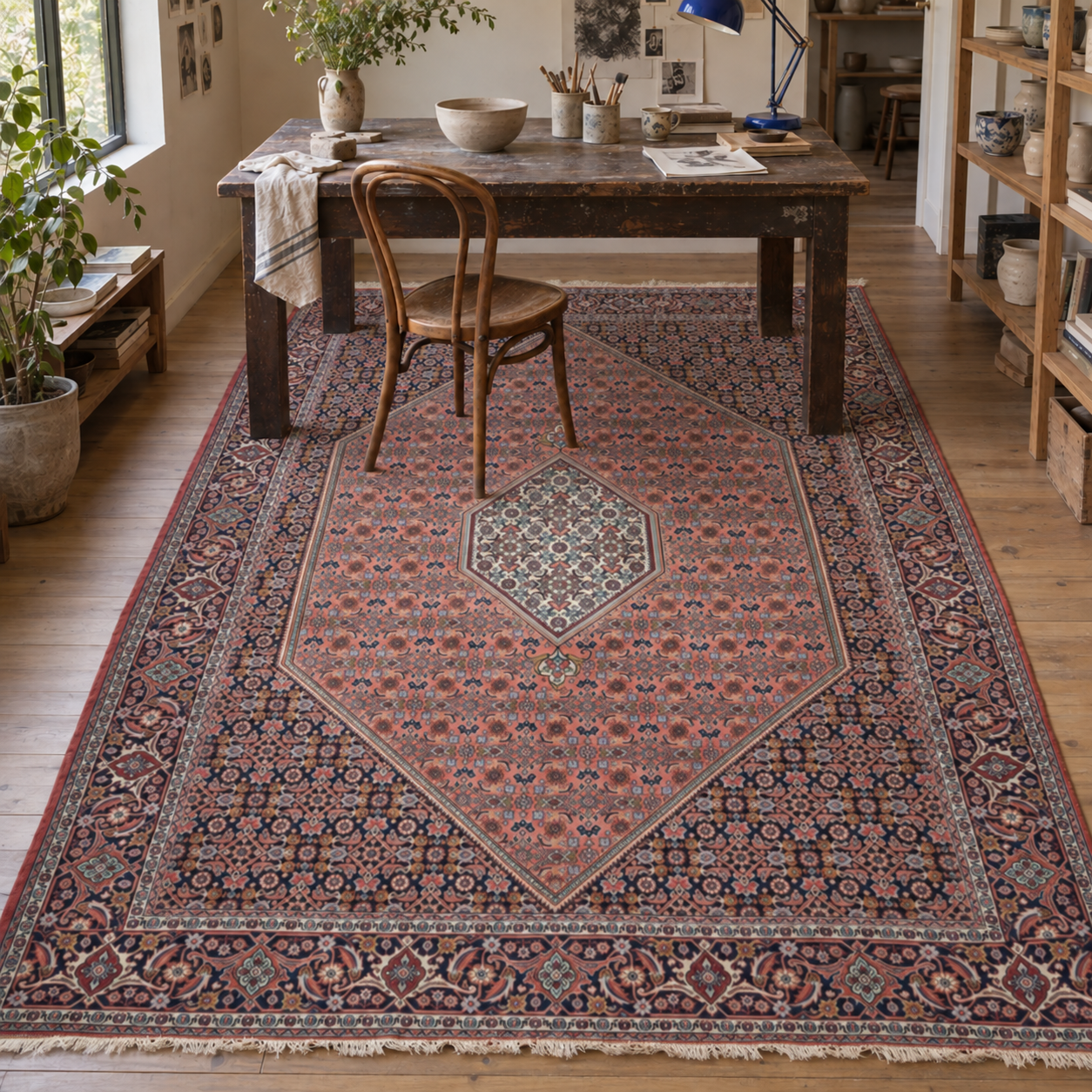 Faded rose Bidjar rug in a ceramics studio; AI-generated styling visualization. Pattern details and scale may vary; refer to original product photos and listed dimensions.