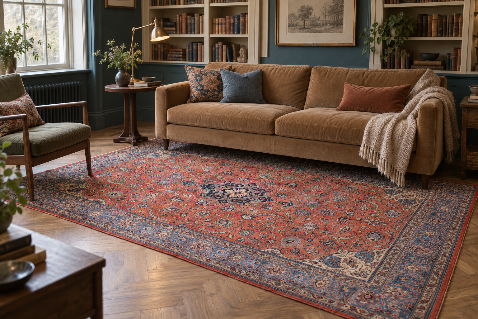 Coral Sarouk rug in a teal library; AI-generated styling visualization. Pattern details and scale may vary; refer to original product photos and listed dimensions.