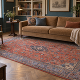 Coral Sarouk rug in a teal library; AI-generated styling visualization. Pattern details and scale may vary; refer to original product photos and listed dimensions.