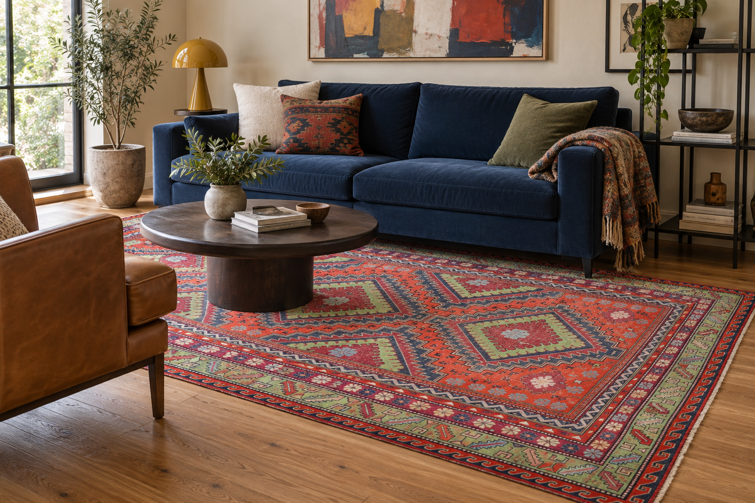 Colorful contemporary family lounge; AI-generated styling visualization. Pattern details and scale may vary; refer to original product photos and listed dimensions.