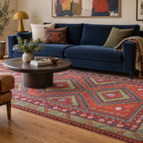 Colorful contemporary family lounge; AI-generated styling visualization. Pattern details and scale may vary; refer to original product photos and listed dimensions.