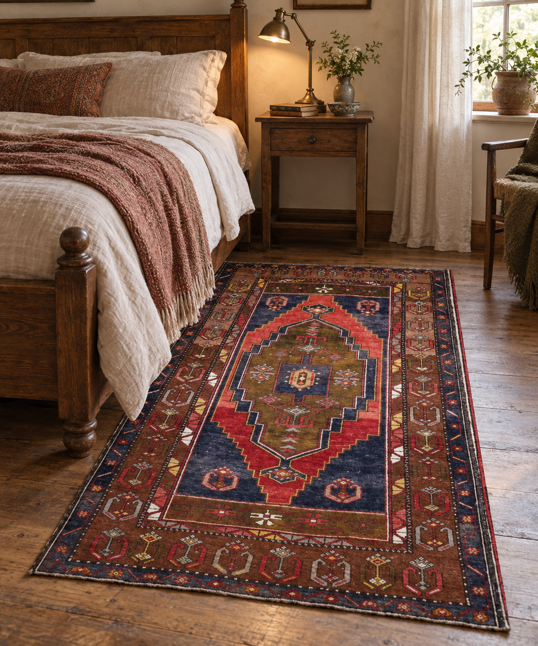 AI-generated lifestyle visualization of the vintage Yahyali rug, 113 × 197 cm, placed beside a bed; original product photos show the actual rug.
