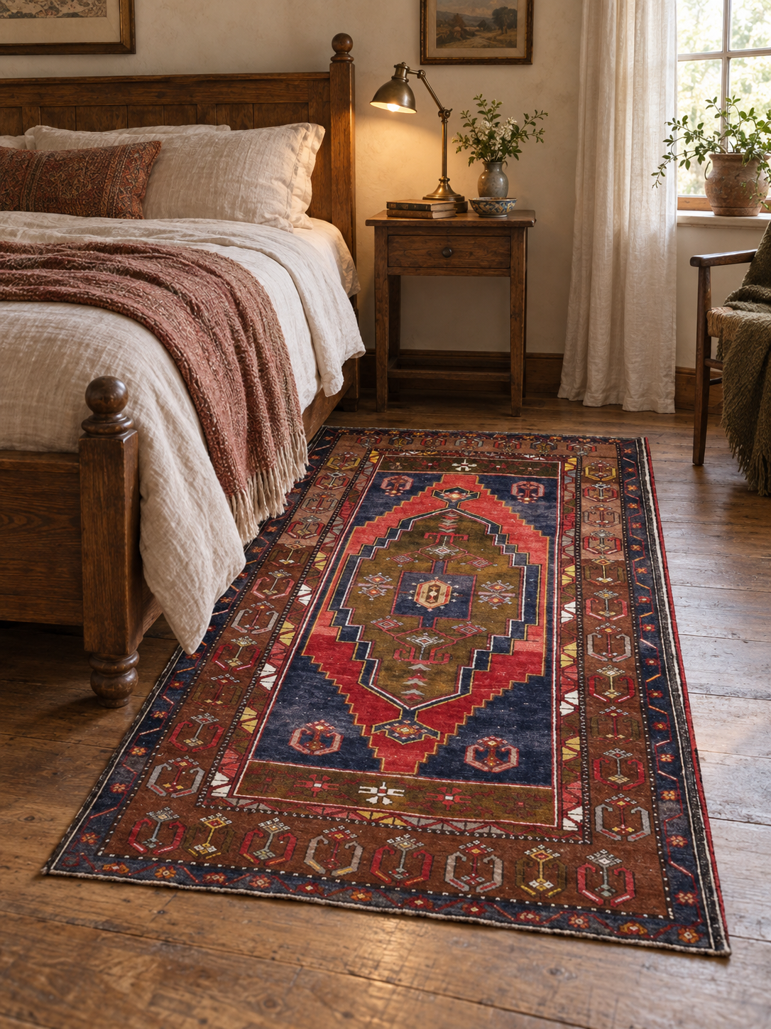 AI-generated lifestyle visualization of the vintage Yahyali rug, 113 × 197 cm, placed beside a bed; original product photos show the actual rug.