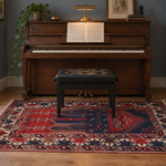 Konya rug at an upright piano; AI-generated styling visualization. Pattern details and scale may vary; refer to original product photos and listed dimensions.
