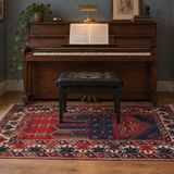 Konya rug at an upright piano; AI-generated styling visualization. Pattern details and scale may vary; refer to original product photos and listed dimensions.