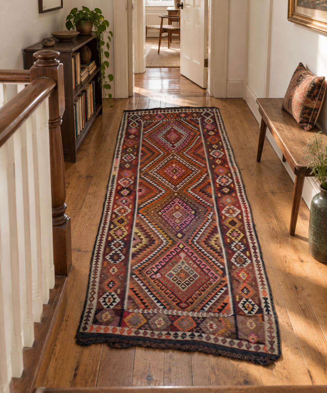 AI-generated lifestyle visualization of the vintage Kars kilim runner, 120 × 320 cm, placed lengthwise on a wood-floored landing; original product photos show the actual rug.