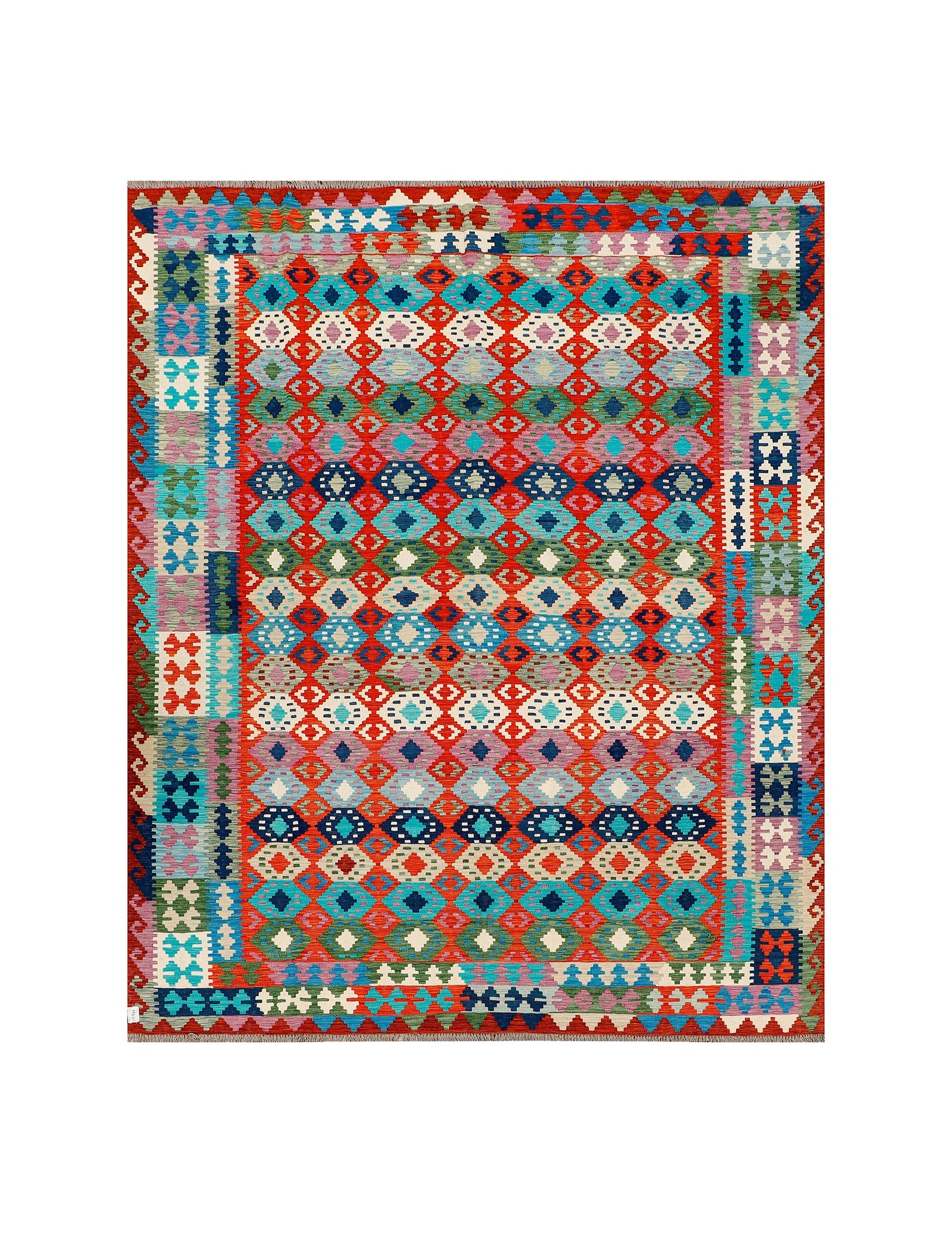 Afghan Maimana kilim — Diamond Rows in Red & Turquoise | 8'1" × 10' (247 × 305 cm)