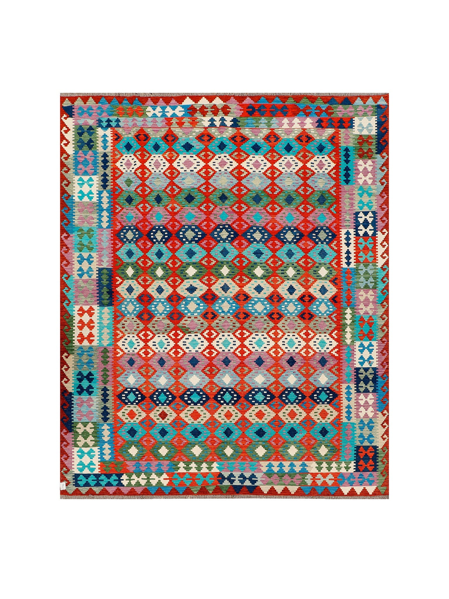 Afghan Maimana kilim — Diamond Rows in Red & Turquoise | 8'1" × 10' (247 × 305 cm)