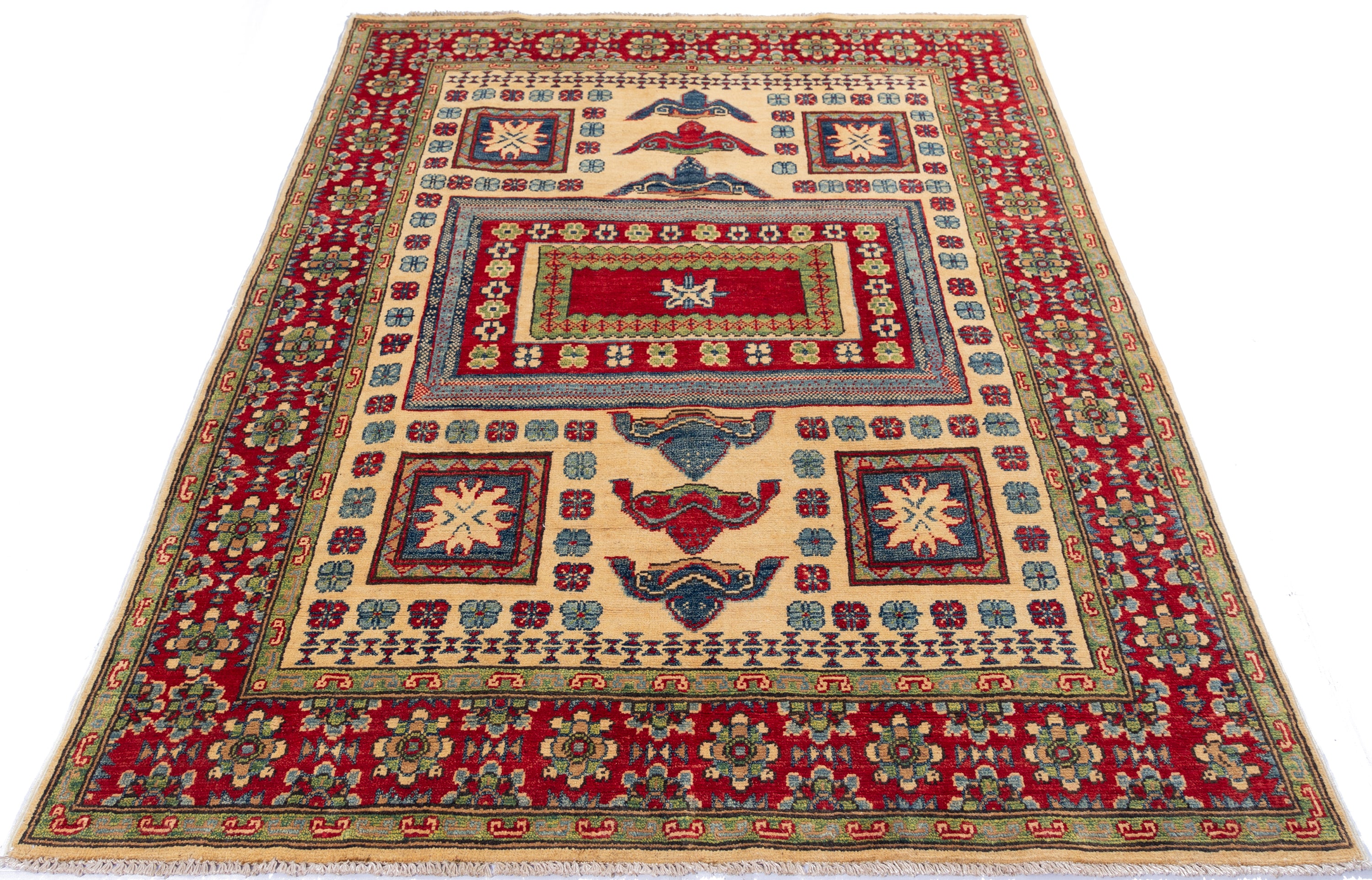 Full view from a low angle of ivory & red Kazak-inspired wool rug 19311.