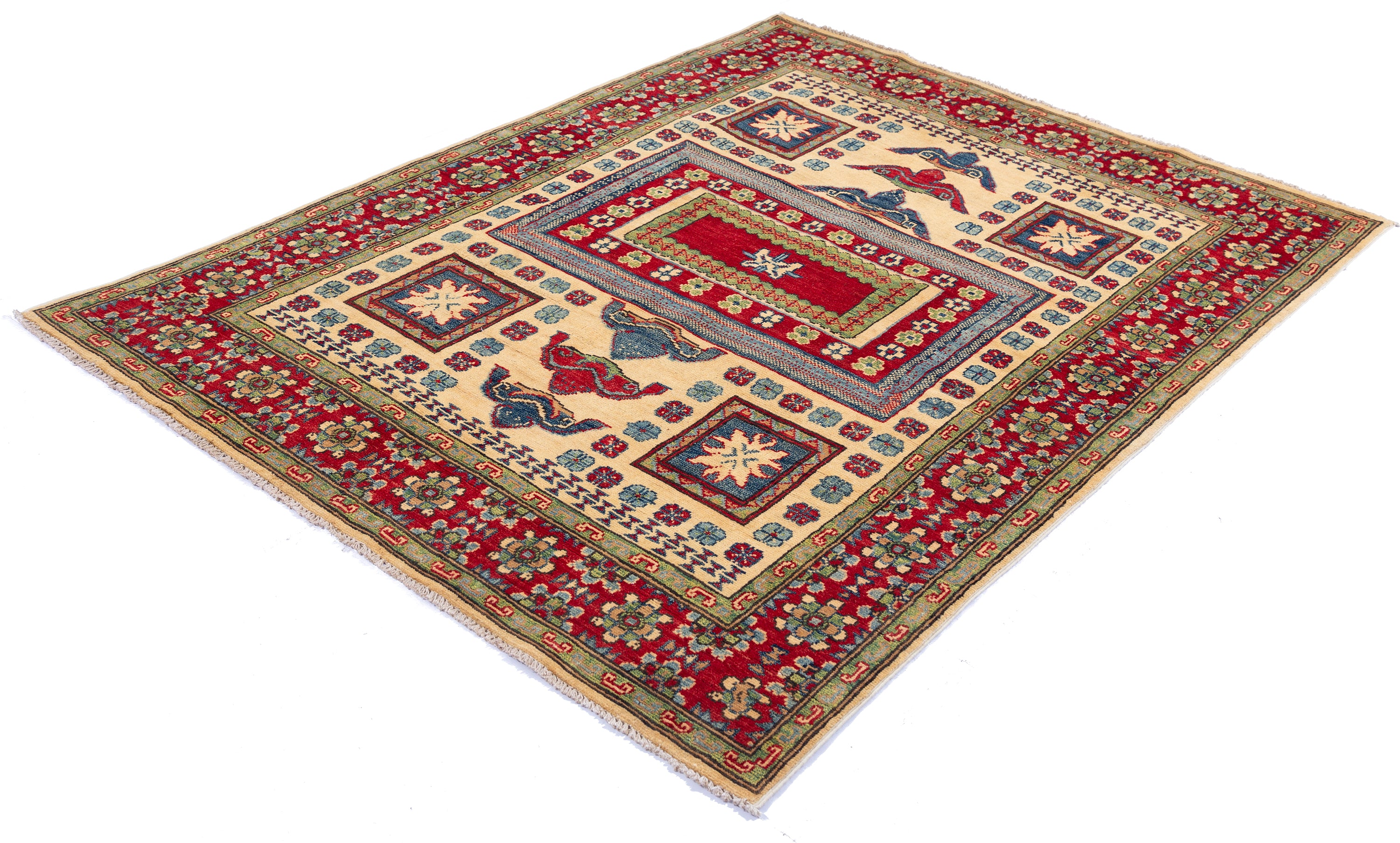 Full view at an angle of ivory & red Kazak-inspired wool rug 19311.