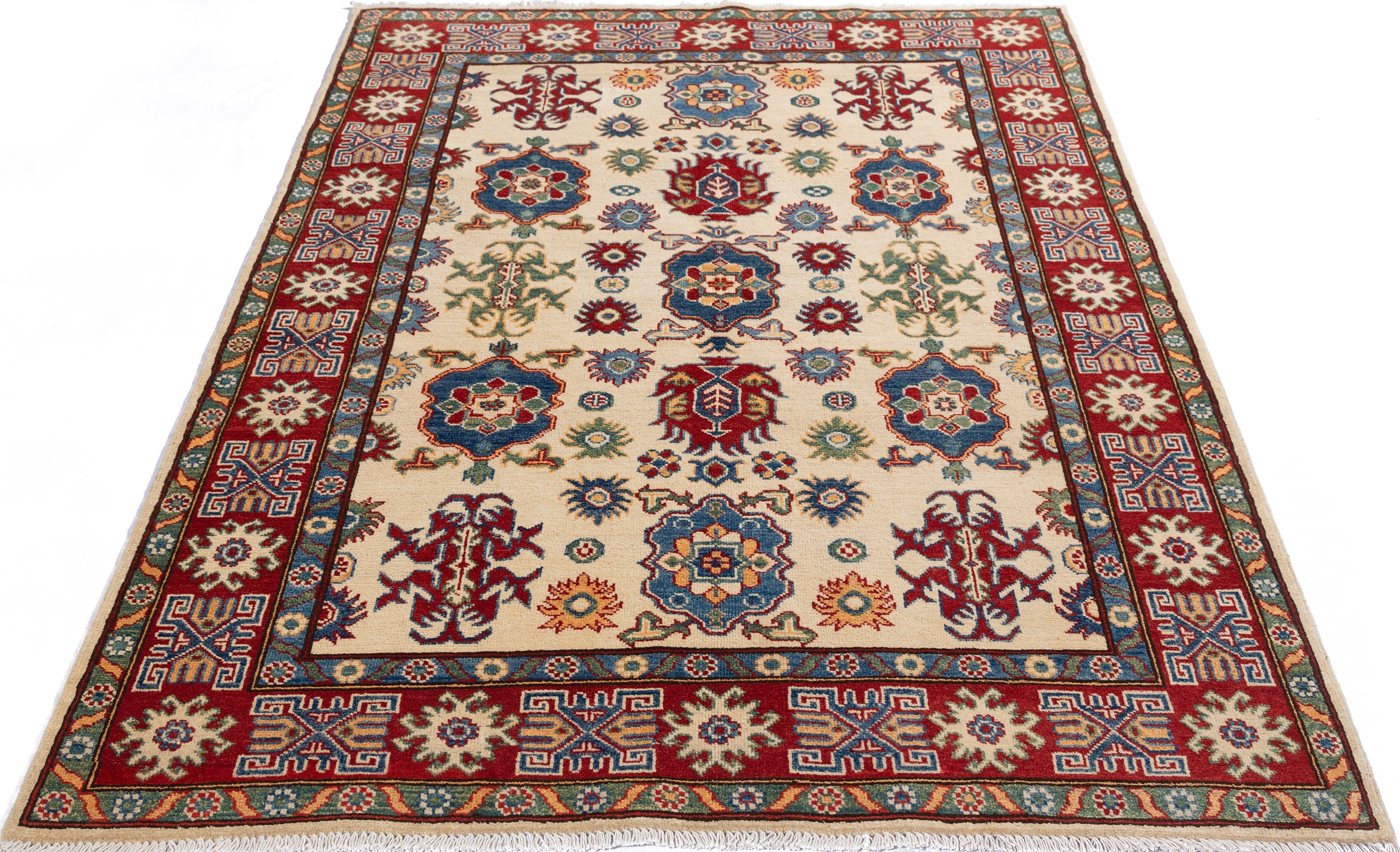 Full view from a low angle of ivory & blue Kazak-inspired wool rug 19419.