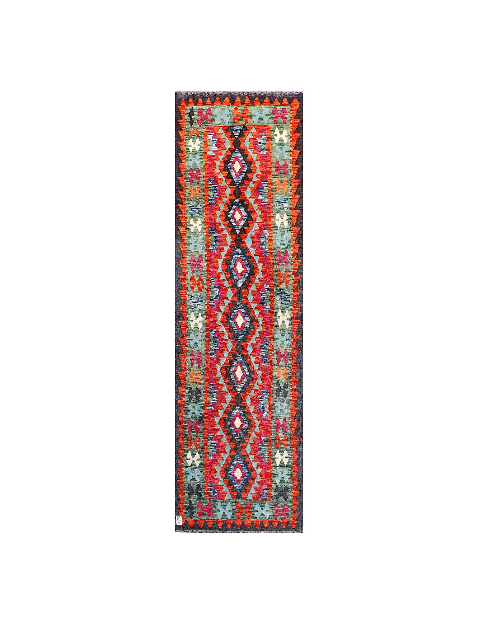 Afghan Maimana runner — Diamond Chain in Orange & Sage | 2'9" × 9'4" (84 × 285 cm)