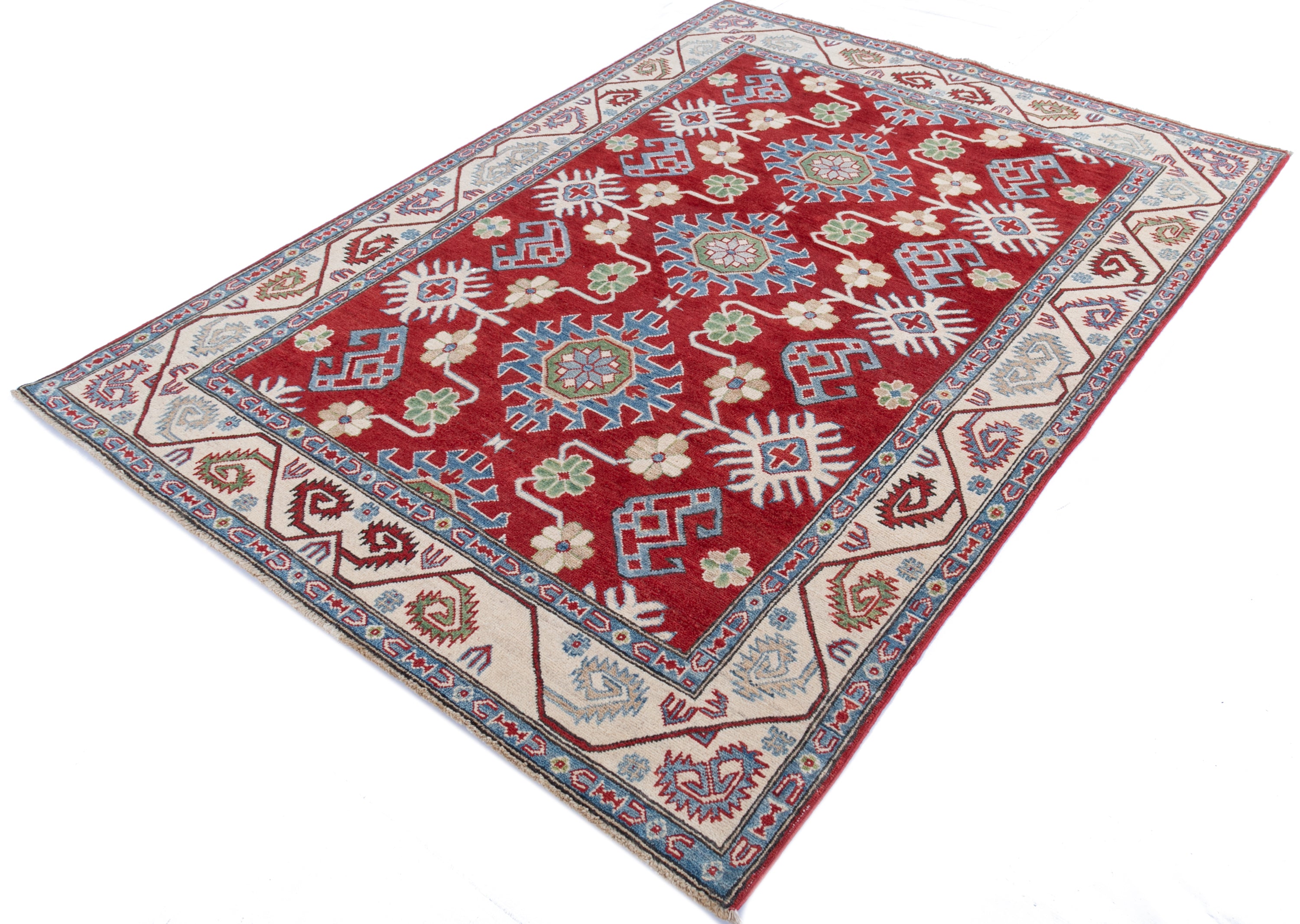 Full view at an angle of red & blue Kazak-inspired wool rug 21423.