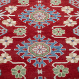 Pattern detail of red & blue Kazak-inspired wool rug 21423.