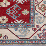 Border and edge detail of red & blue Kazak-inspired wool rug 21423.