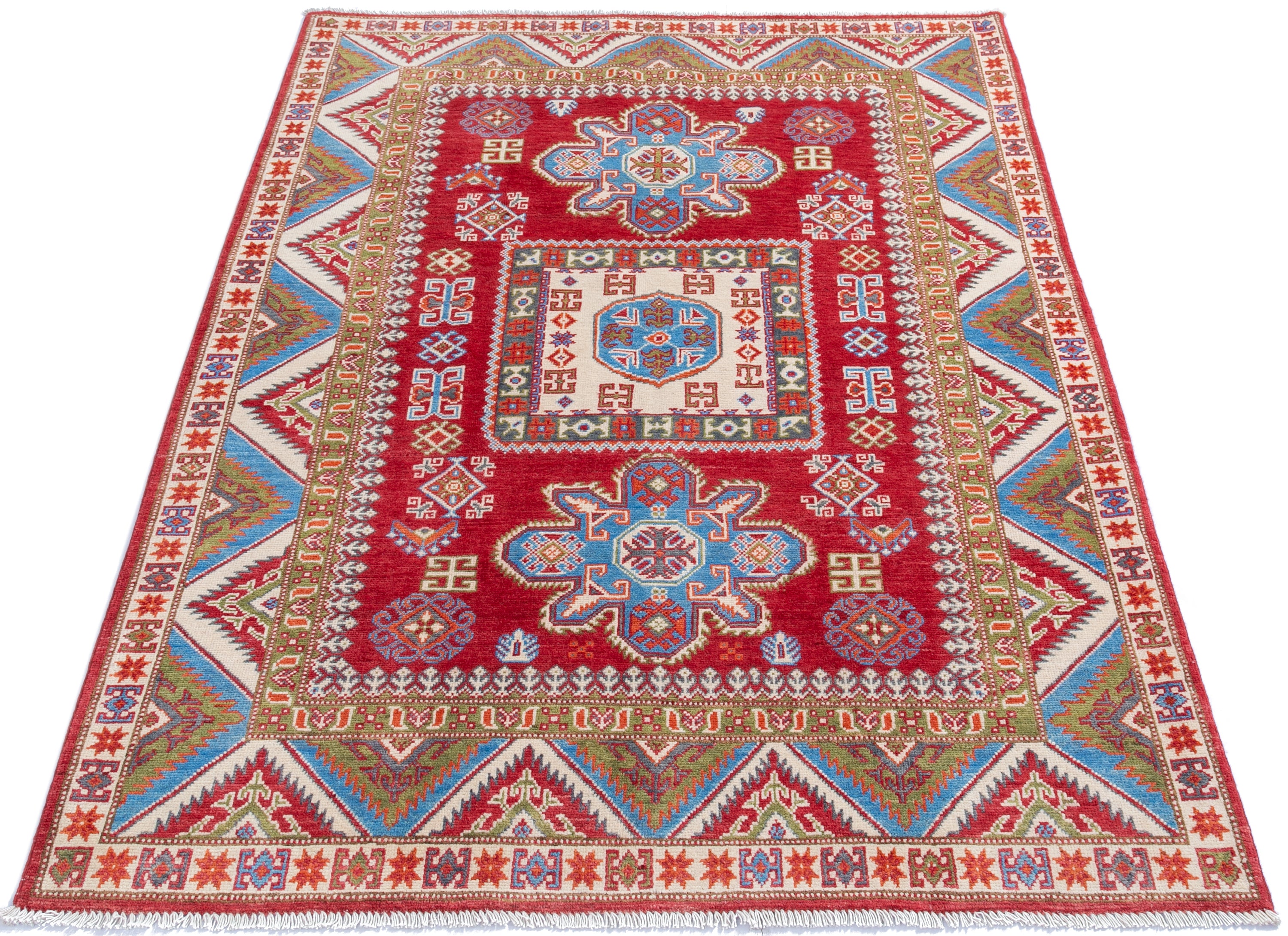 Full view from a low angle of red & blue Kazak-inspired wool rug 21474.