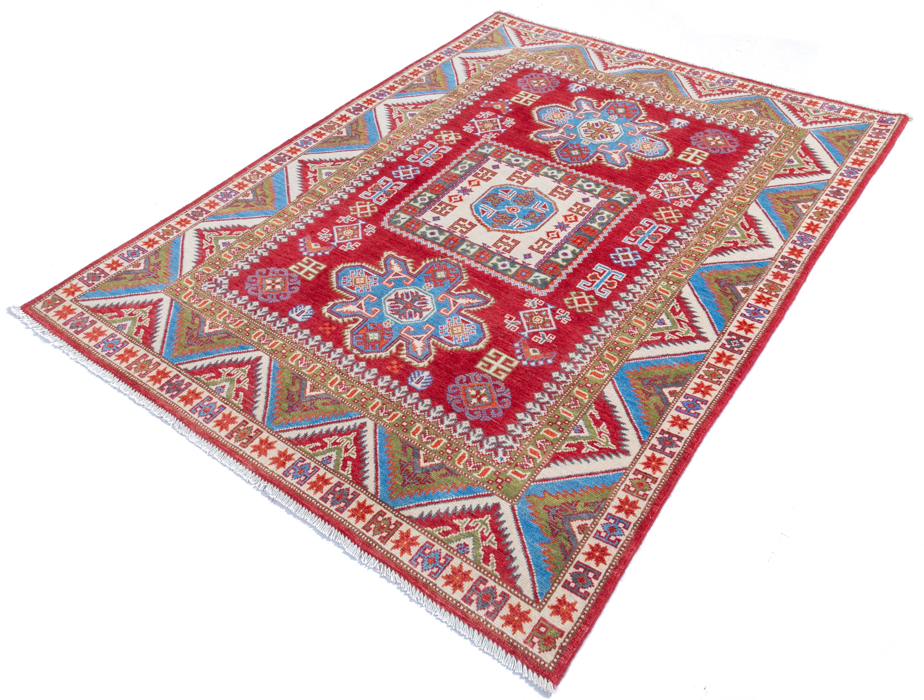 Full view at an angle of red & blue Kazak-inspired wool rug 21474.