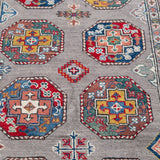 Pattern detail of blue & red Kazak-inspired wool rug 21479.