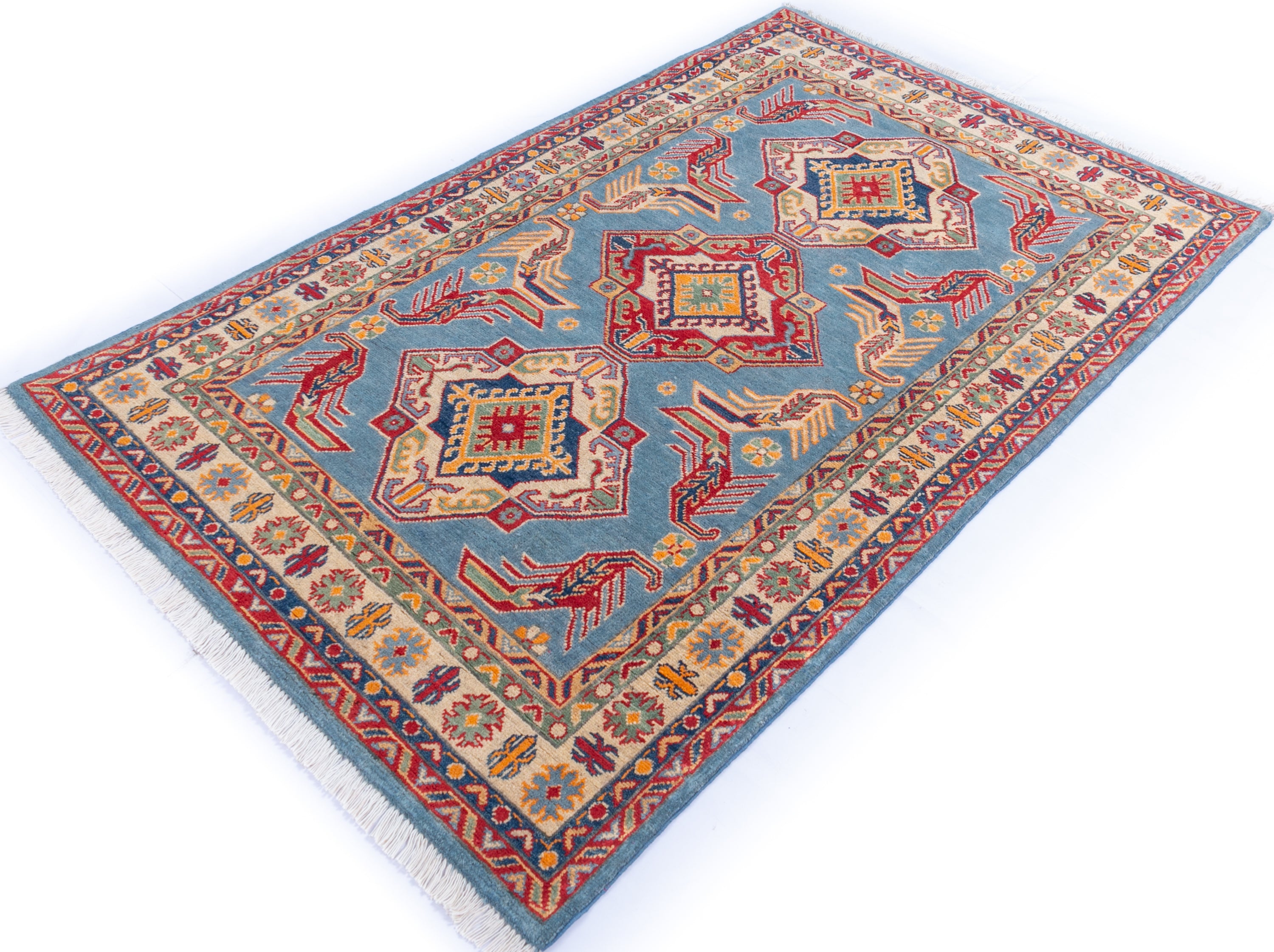 Full view at an angle of blue & red Kazak-inspired wool rug 21980.