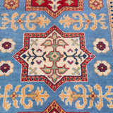 Pattern detail of blue & red Kazak-inspired wool rug 22077.