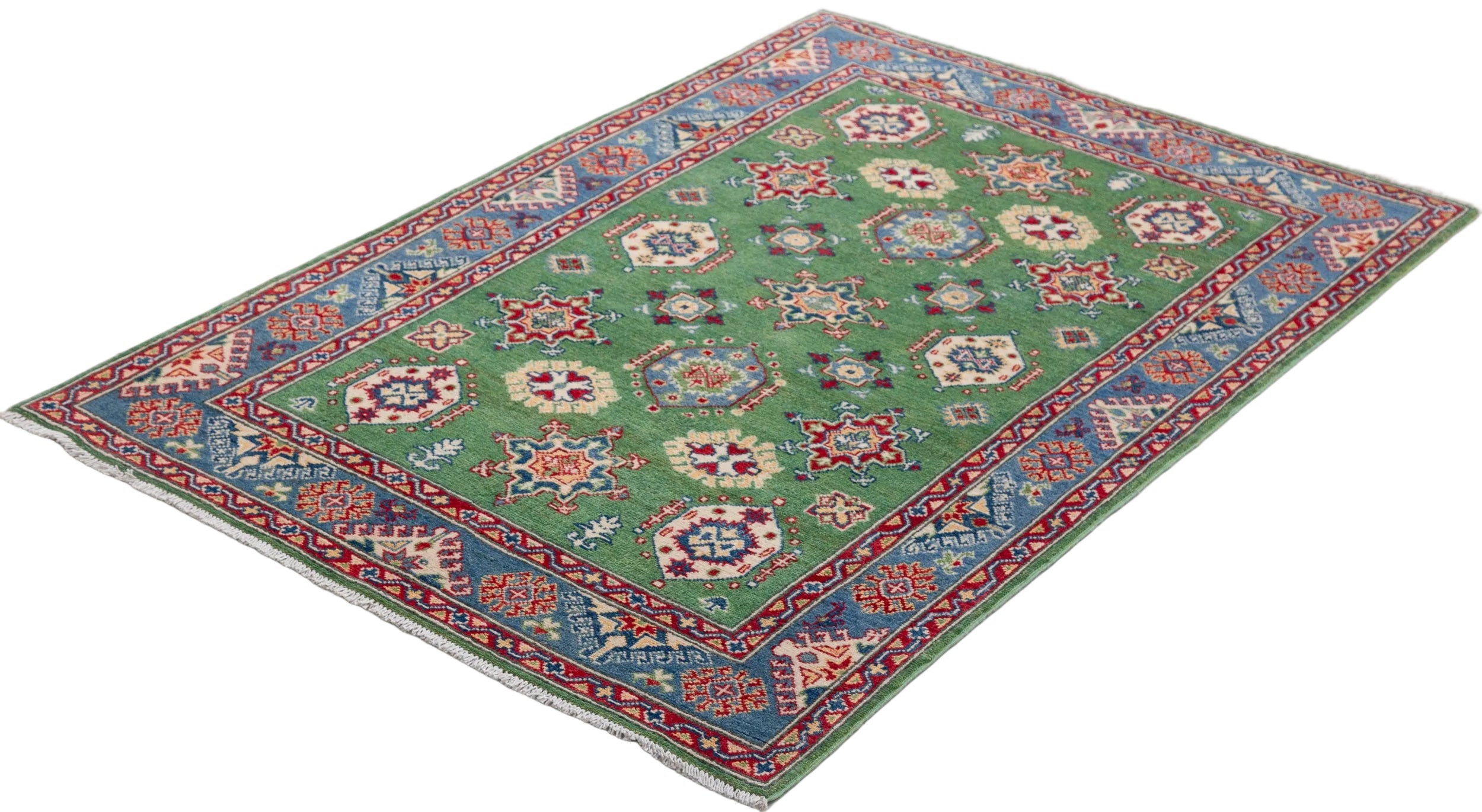 Full view at an angle of green & red Kazak-inspired wool rug 29347.
