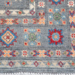 Border and edge detail of blue & ivory Kazak-inspired wool rug 29645.