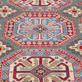 Pattern detail of blue & ivory Kazak-inspired wool rug 29647.