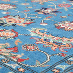 Pattern detail of blue & red Kazak-inspired wool rug 29649.