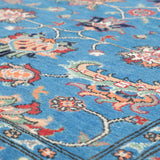Pattern detail of blue & red Kazak-inspired wool rug 29649.